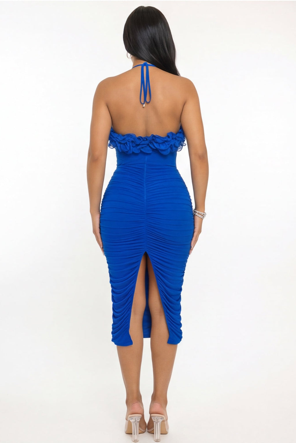 Isabella Ruched Floral Trim Ruched Bodycon Halter Midi Dress