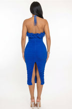 Isabella Ruched Floral Trim Ruched Bodycon Halter Midi Dress