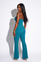 Jade Silver Trim Cutout Flare Leg Jumpsuit