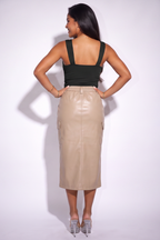 Kira Front Split Faux Leather Cargo Midi Skirt