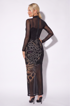 Tanya Leopard Printed Mesh Mock Neck Maxi Dress