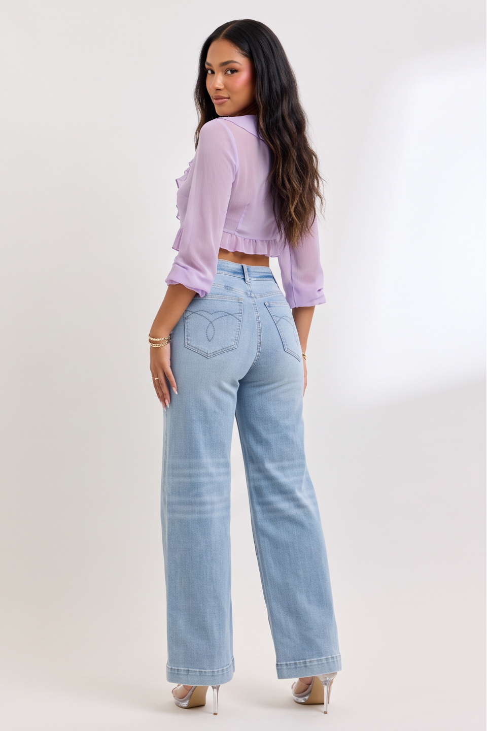 Light Blue Wash Mid Rise Retro Wide Leg Jeans