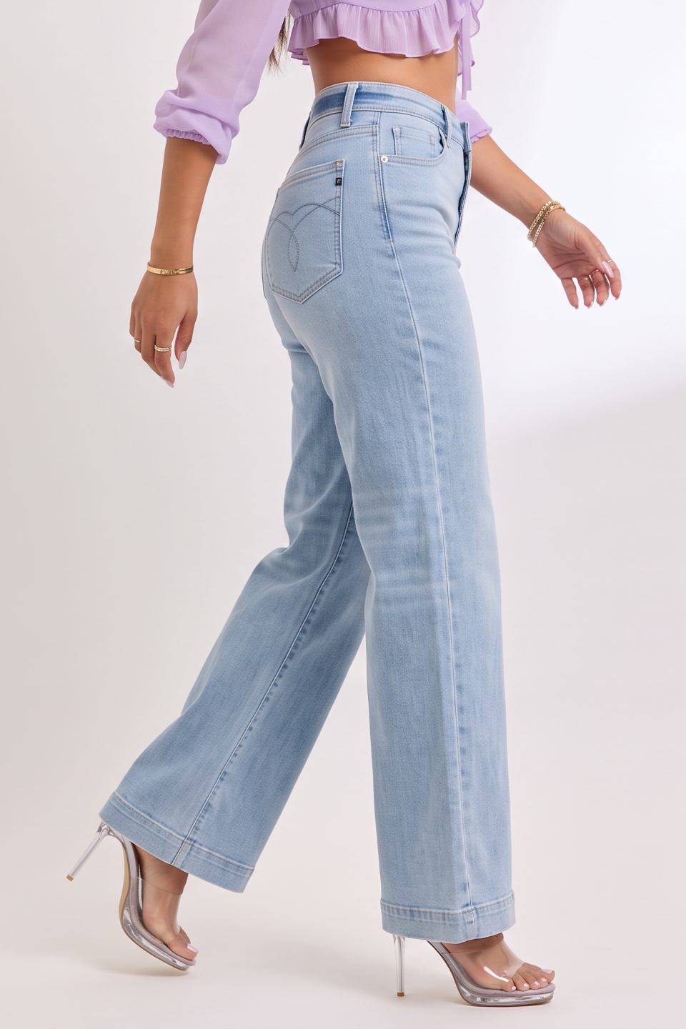 Light Blue Wash Mid Rise Retro Wide Leg Jeans