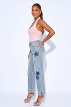Light Wash High Rise Star Patch Dad Jeans