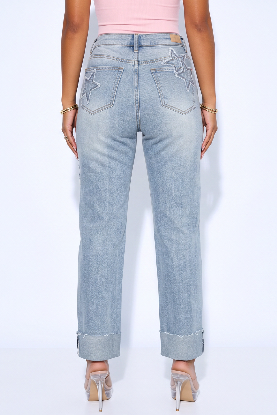 Light Wash High Rise Star Patch Dad Jeans