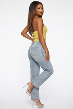 Light Wash Piping Detail Mid Rise Straight Leg Jeans