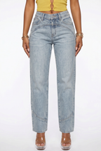 Light Wash Piping Detail Mid Rise Straight Leg Jeans