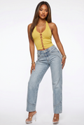 Light Wash Piping Detail Mid Rise Straight Leg Jeans