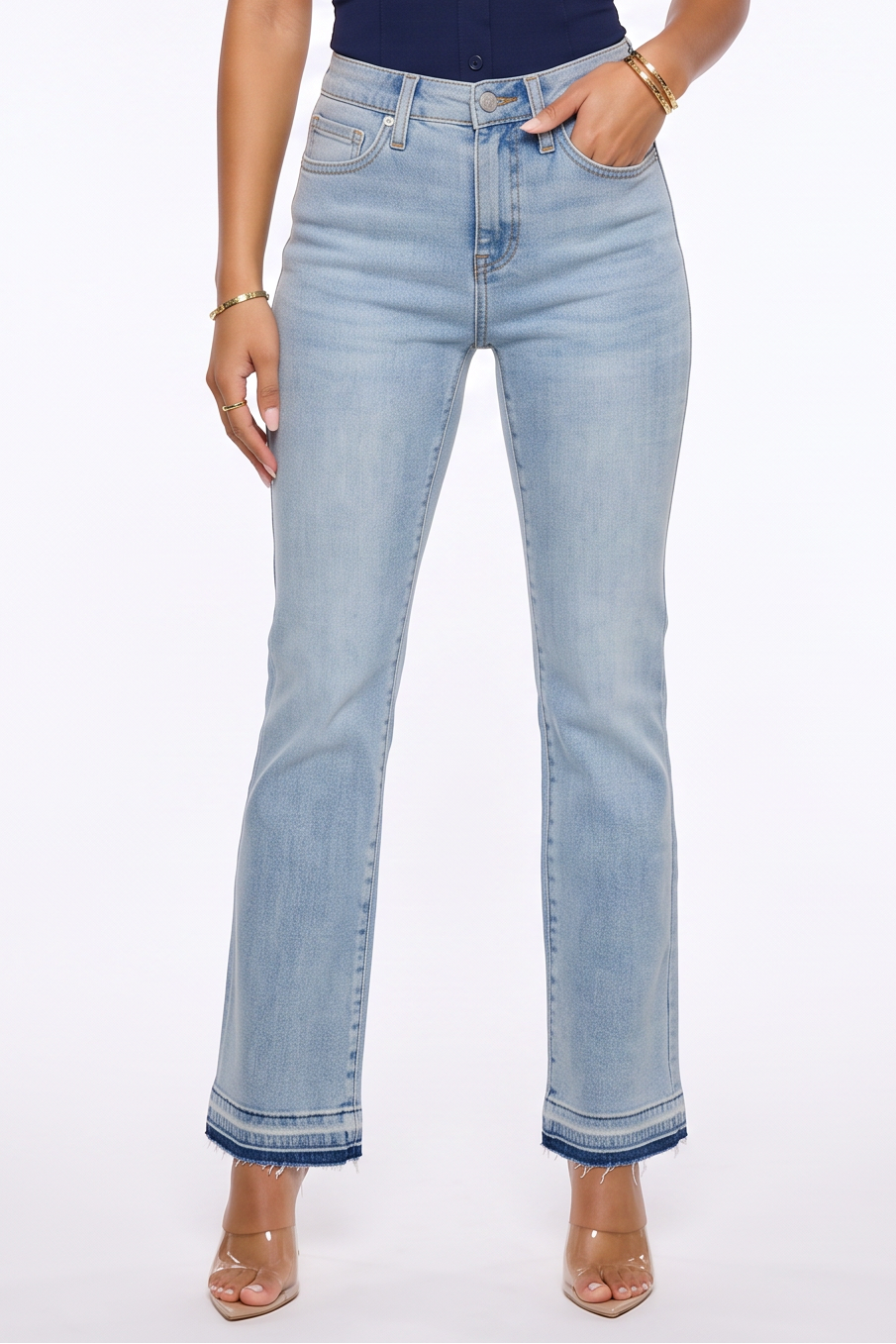 Light Wash Released Hem Mid Rise Flare Leg Jeans