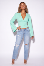 Martina V Neck Flare Sleeve Cinched Waist Blouse