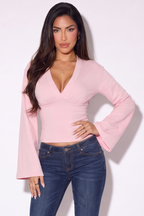 Martina V Neck Flare Sleeve Cinched Waist Blouse