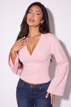 Martina V Neck Flare Sleeve Cinched Waist Blouse