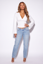 Martina V Neck Flare Sleeve Cinched Waist Blouse
