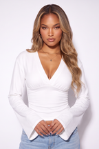 Martina V Neck Flare Sleeve Cinched Waist Blouse