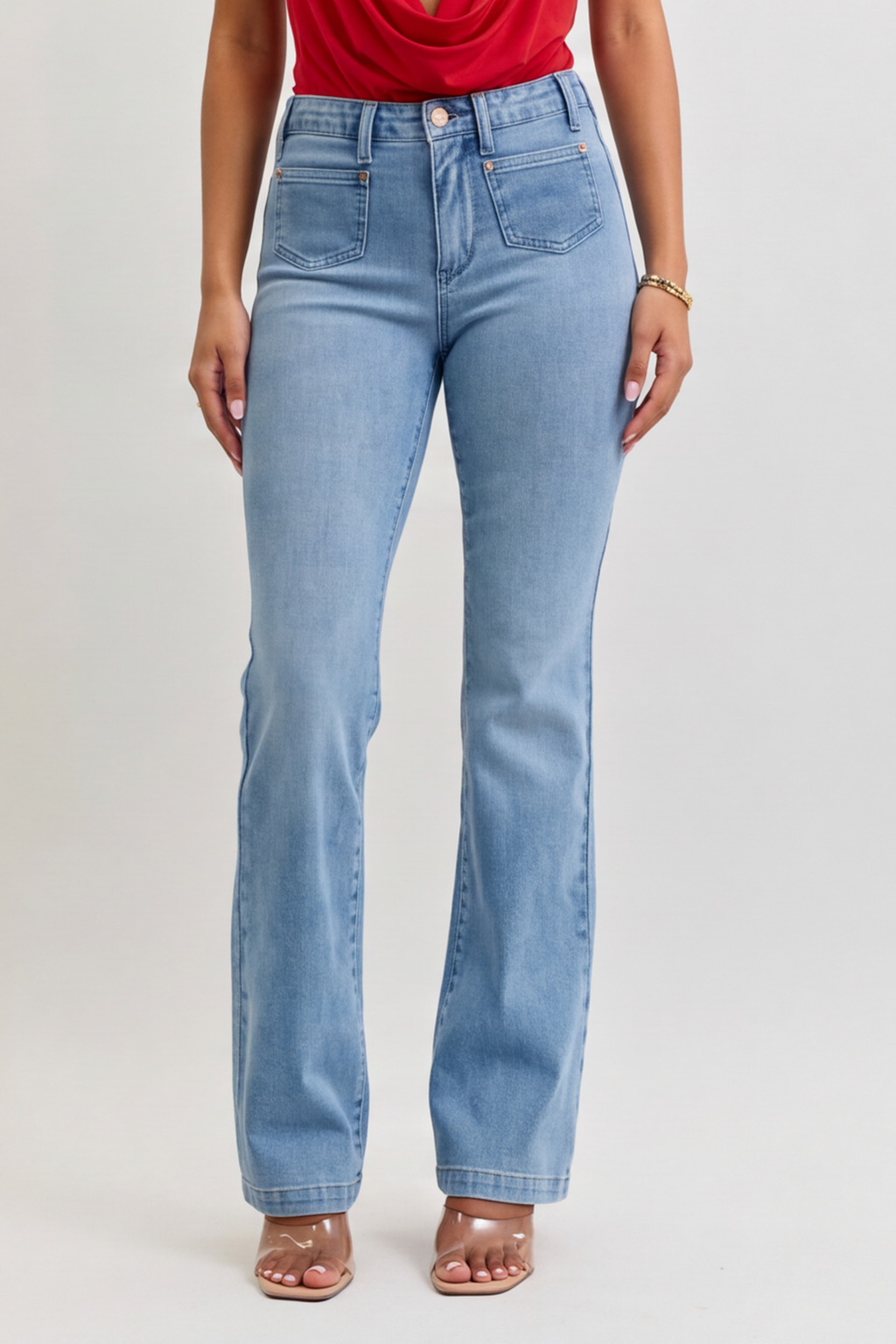 Med Blue Wash Mid Rise Bootcut Jeans