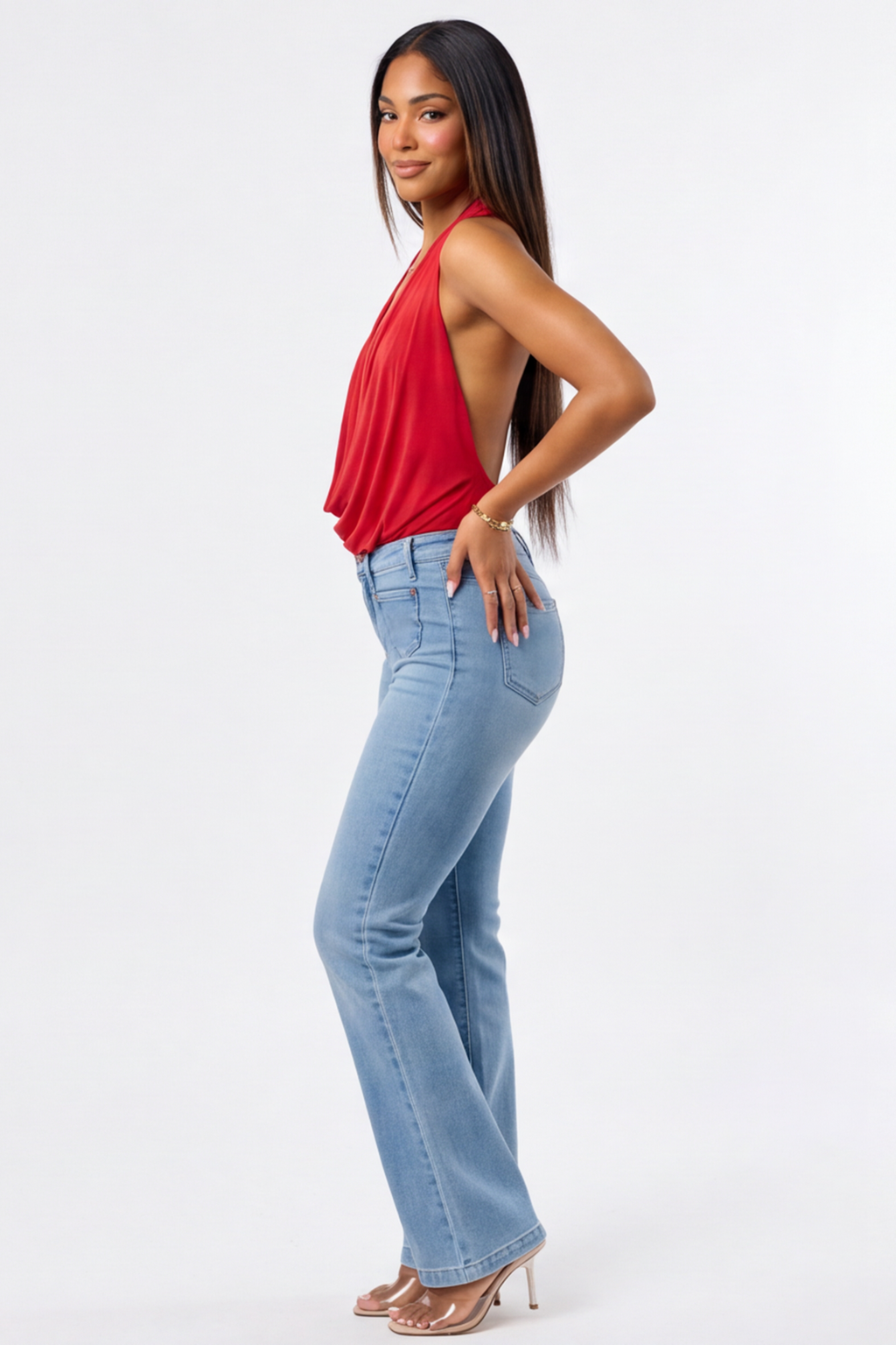 Med Blue Wash Mid Rise Bootcut Jeans