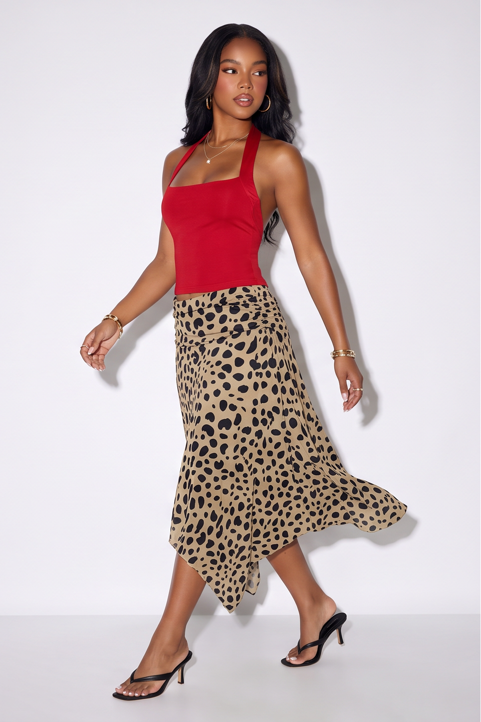 Nahla Leopard Print Asymmetrical Hem Midi Skirt