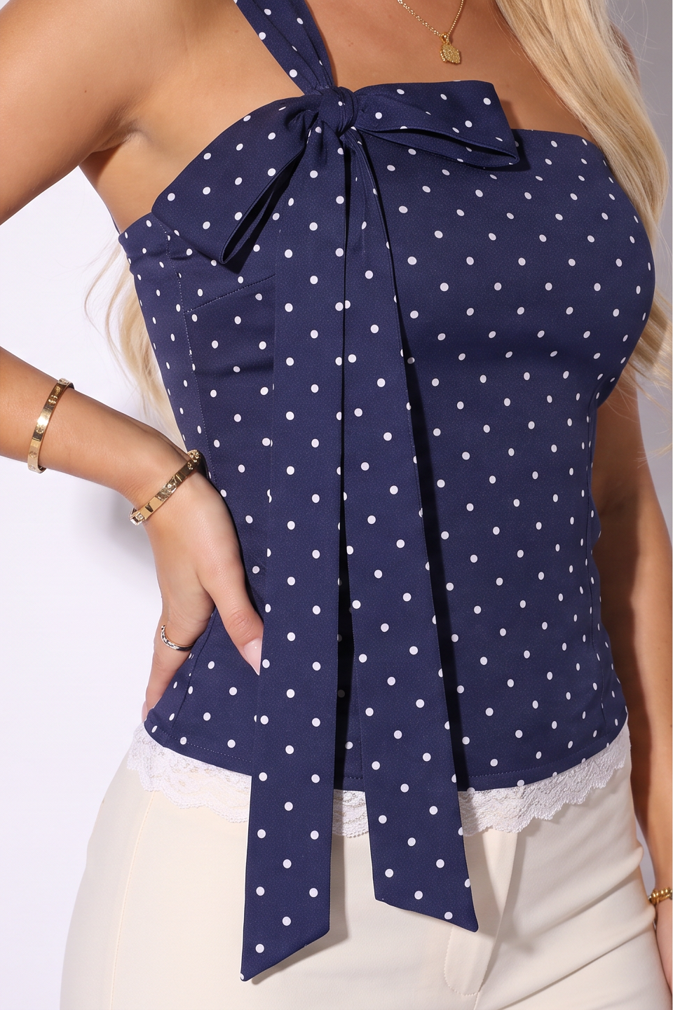 Nicolette Polka Dot One Shoulder Bow Cami Top