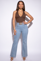 Noelle Chunky Chain & Rhinestone Belted High Waist Denim Pants