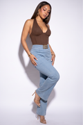 Noelle Chunky Chain & Rhinestone Belted High Waist Denim Pants