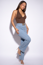 Noelle Chunky Chain & Rhinestone Belted High Waist Denim Pants