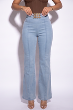 Noelle Chunky Chain & Rhinestone Belted High Waist Denim Pants