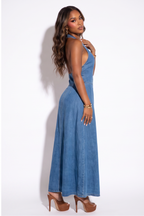 Noemi Button Down Denim Halter Maxi Dress