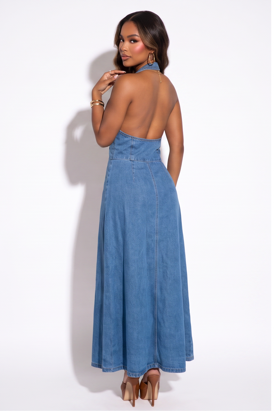 Noemi Button Down Denim Halter Maxi Dress