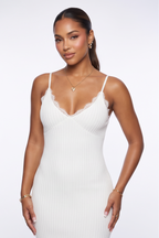 Not So Basic Eyelash Lace Trim Split Thigh Cami Dress