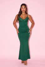Not So Basic Lace Trim Ruched Mermaid Maxi Dress