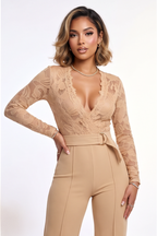 Simone Plunge Neck Lace Top Belted Jumpsuit