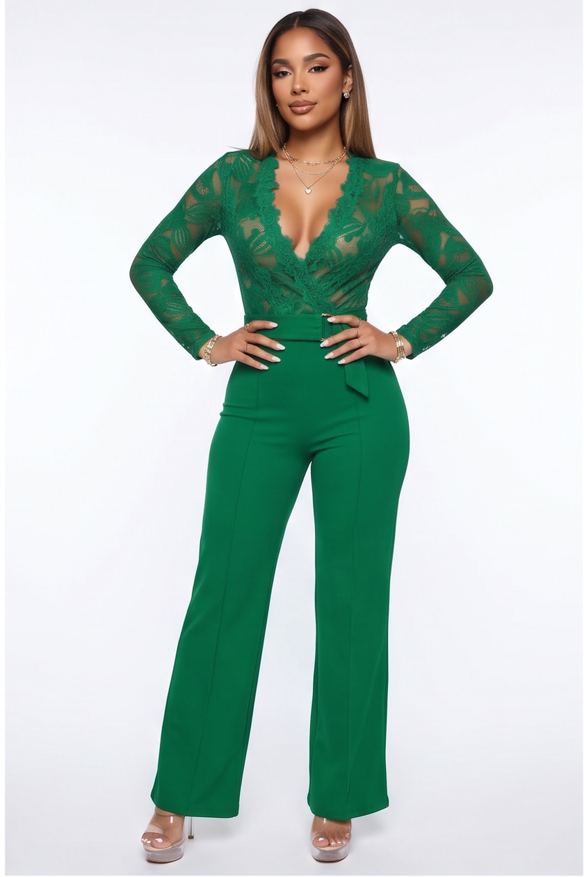Simone Plunge Neck Lace Top Belted Jumpsuit
