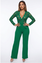 Simone Plunge Neck Lace Top Belted Jumpsuit