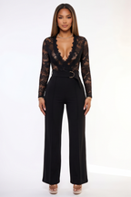 Simone Plunge Neck Lace Top Belted Jumpsuit