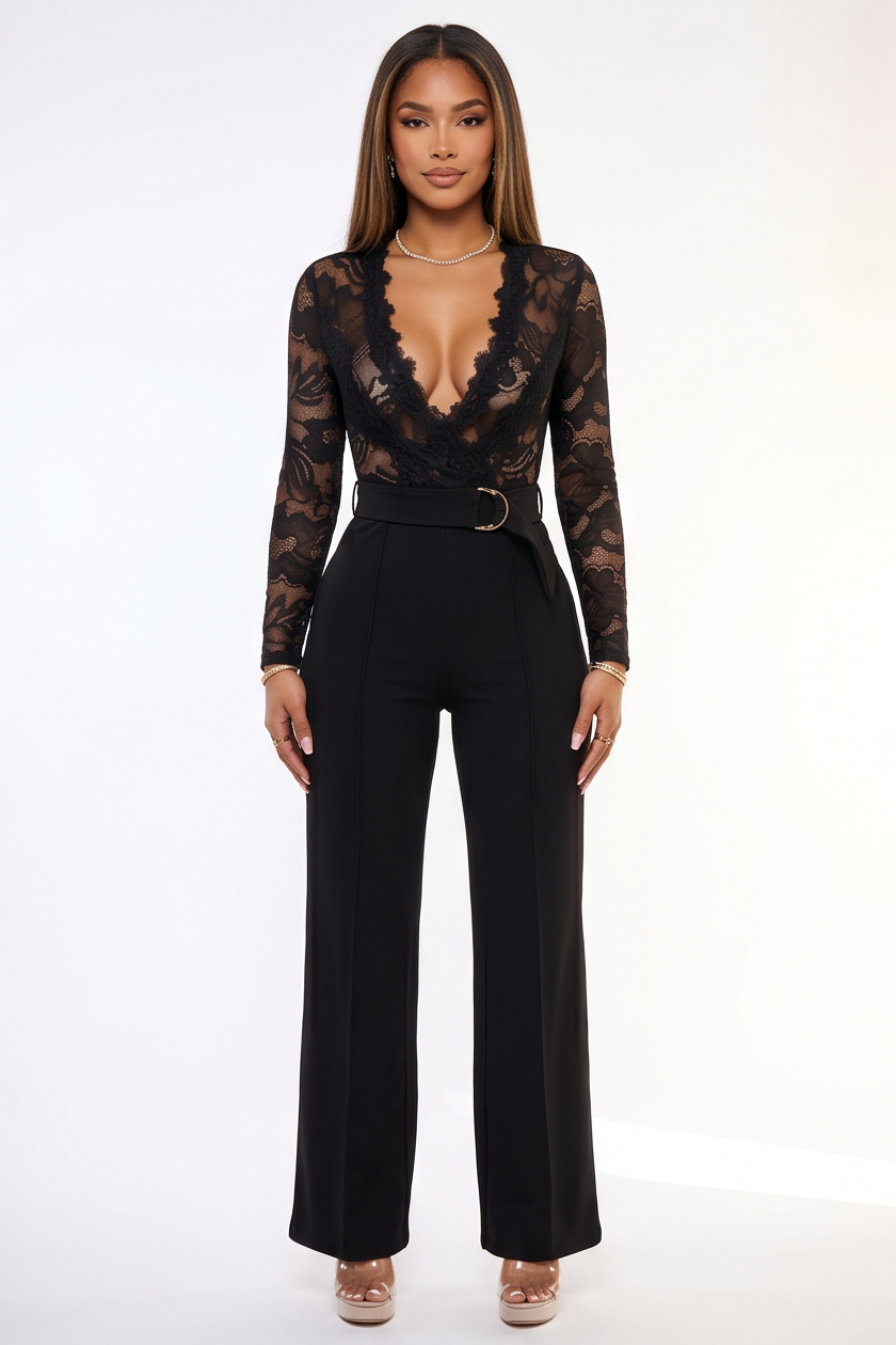 Simone Plunge Neck Lace Top Belted Jumpsuit