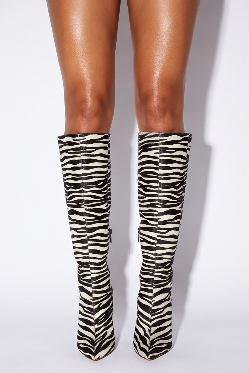 Sable Zebra Print Pointed Toe Knee High Boots