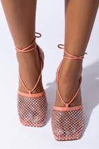 Sasha Rhinestone Fishnet Square Toe Lace Up High Heel Sandals