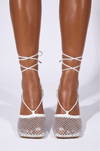 Sasha Rhinestone Fishnet Square Toe Lace Up High Heel Sandals