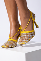 Sasha Rhinestone Fishnet Square Toe Lace Up High Heel Sandals