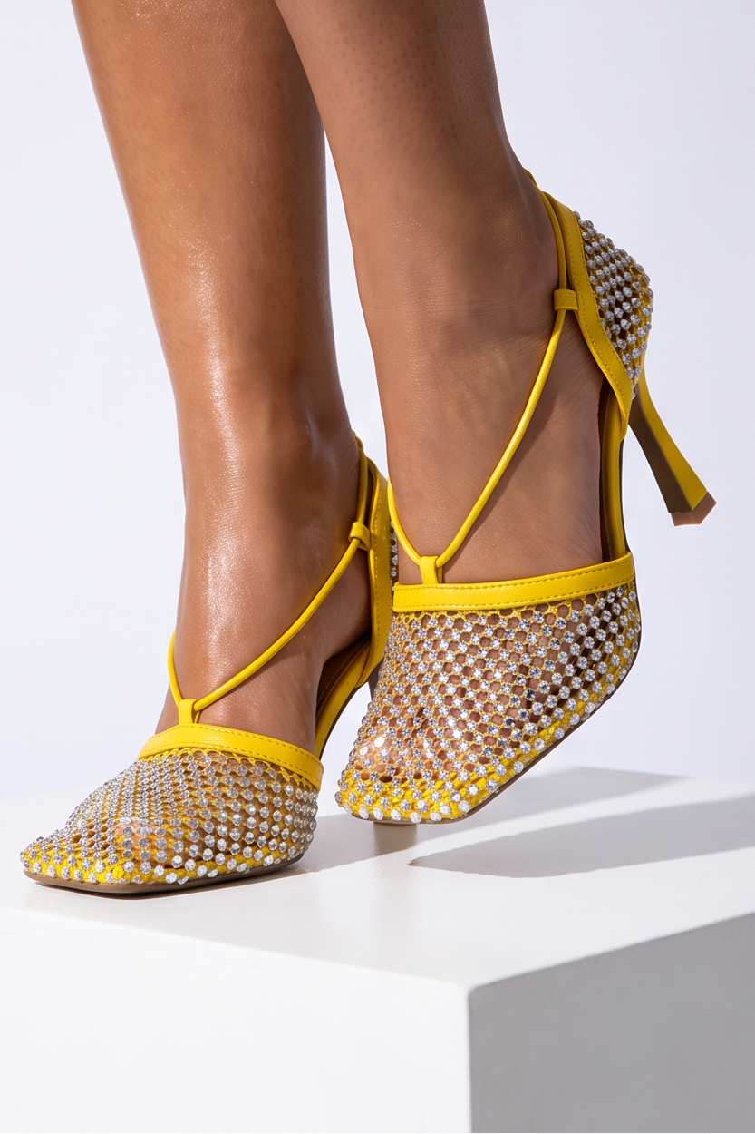 Sasha Rhinestone Fishnet Square Toe Lace Up High Heel Sandals