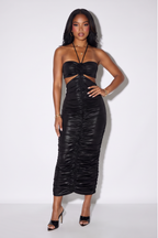 Selena Metallic Ruched Halter Cutout Maxi Dress