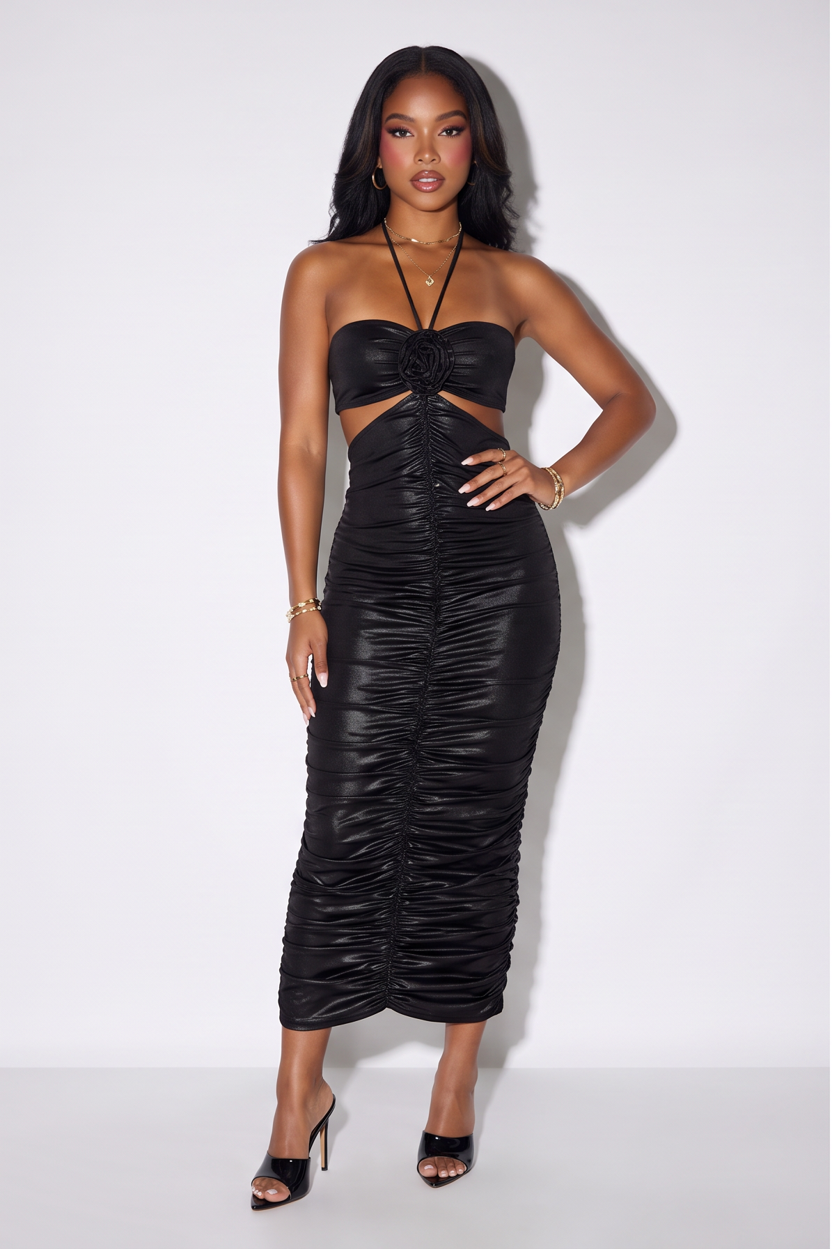 Selena Metallic Ruched Halter Cutout Maxi Dress