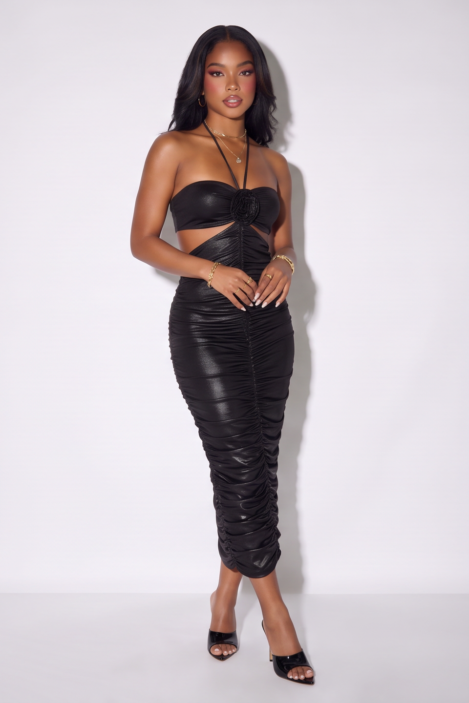 Selena Metallic Ruched Halter Cutout Maxi Dress