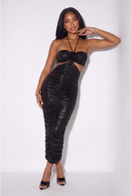 Selena Metallic Ruched Halter Cutout Maxi Dress
