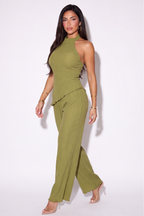 Serena Plisse Satin Mock Neck Two-Piece Pant Set