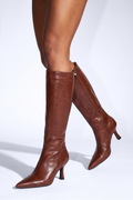Serena pointed toe mid heel knee high boots in brown by LuckyRbls