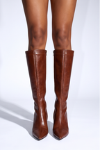 Serena pointed toe mid heel knee high boots in brown by LuckyRbls