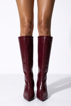 Serena pointed toe mid heel knee high boots in burgundy by LuckyRbls