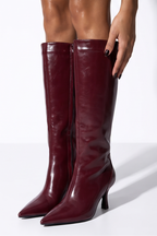 Serena pointed toe mid heel knee high boots in burgundy by LuckyRbls