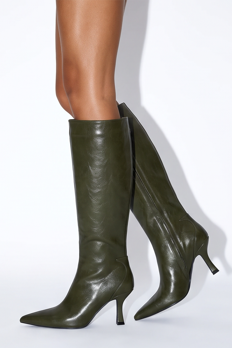 Serena pointed toe mid heel knee high boots in green by LuckyRbls